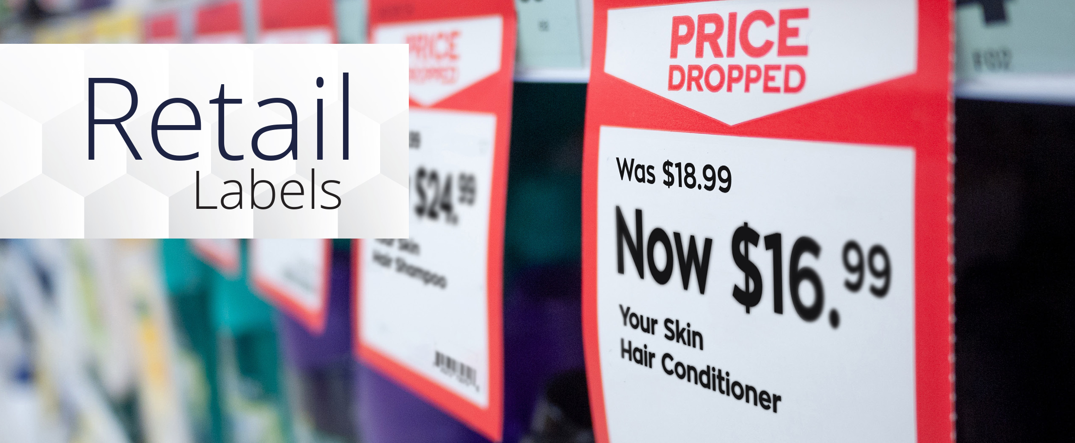 Retail price labels displayed on store shelves