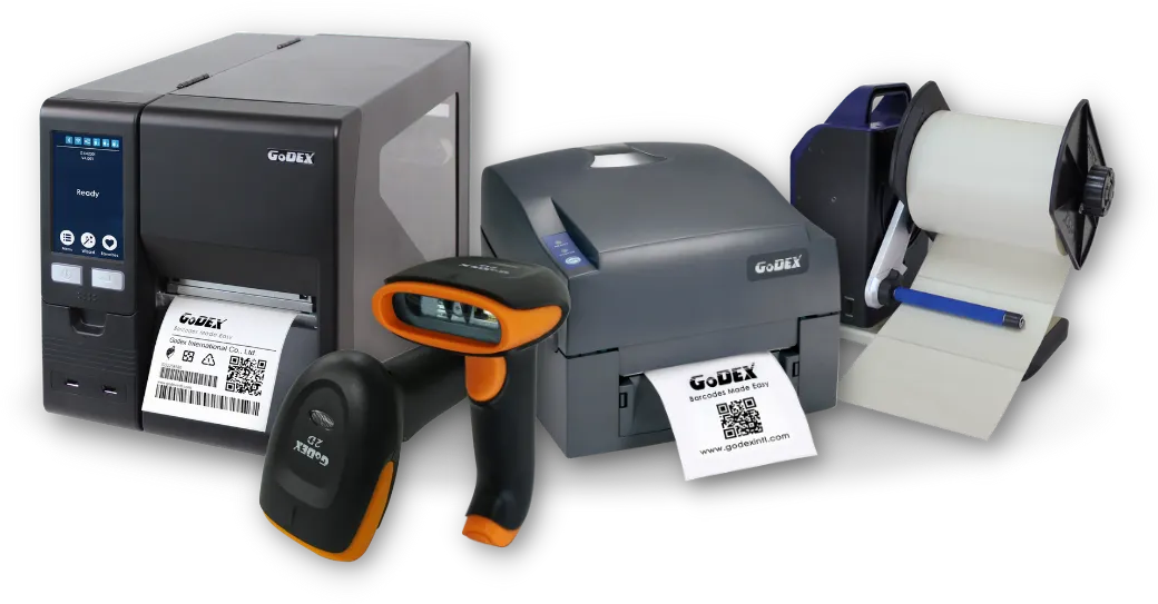 GoDEX T-Series label rewinder side view showing adjustable idler arm and inside/outside roll orientation switch